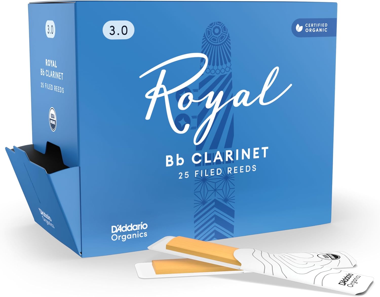 D'Addario Royal Organic Bb Clarinet Reeds, Strength 3.0, Bulk 25