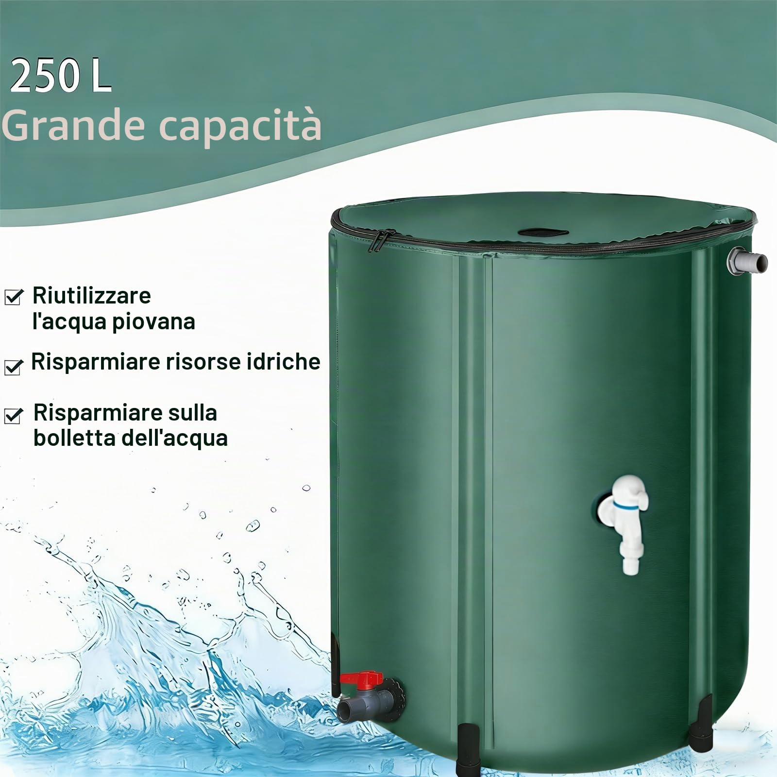Serbatoio per Acqua Piovana 250L con Supporto e Rubinetto, PVC Pieghevole, Serbatoio per Acqua Piovana UK, Verde Militare