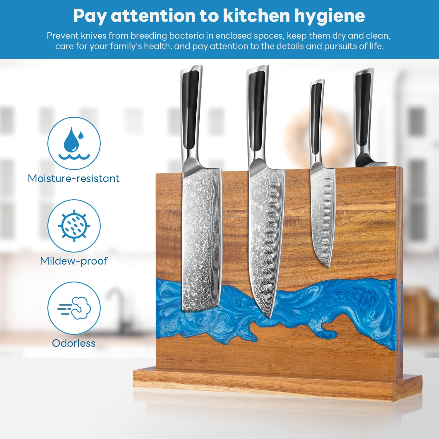 magnetic knife holder - Acacia wood Magnetic Knife Block, Magnetic Knife block stand with double-sided magnetic, blue resin river, 12.59 × 9.84 inches (Without knife) — Amazon image 5
