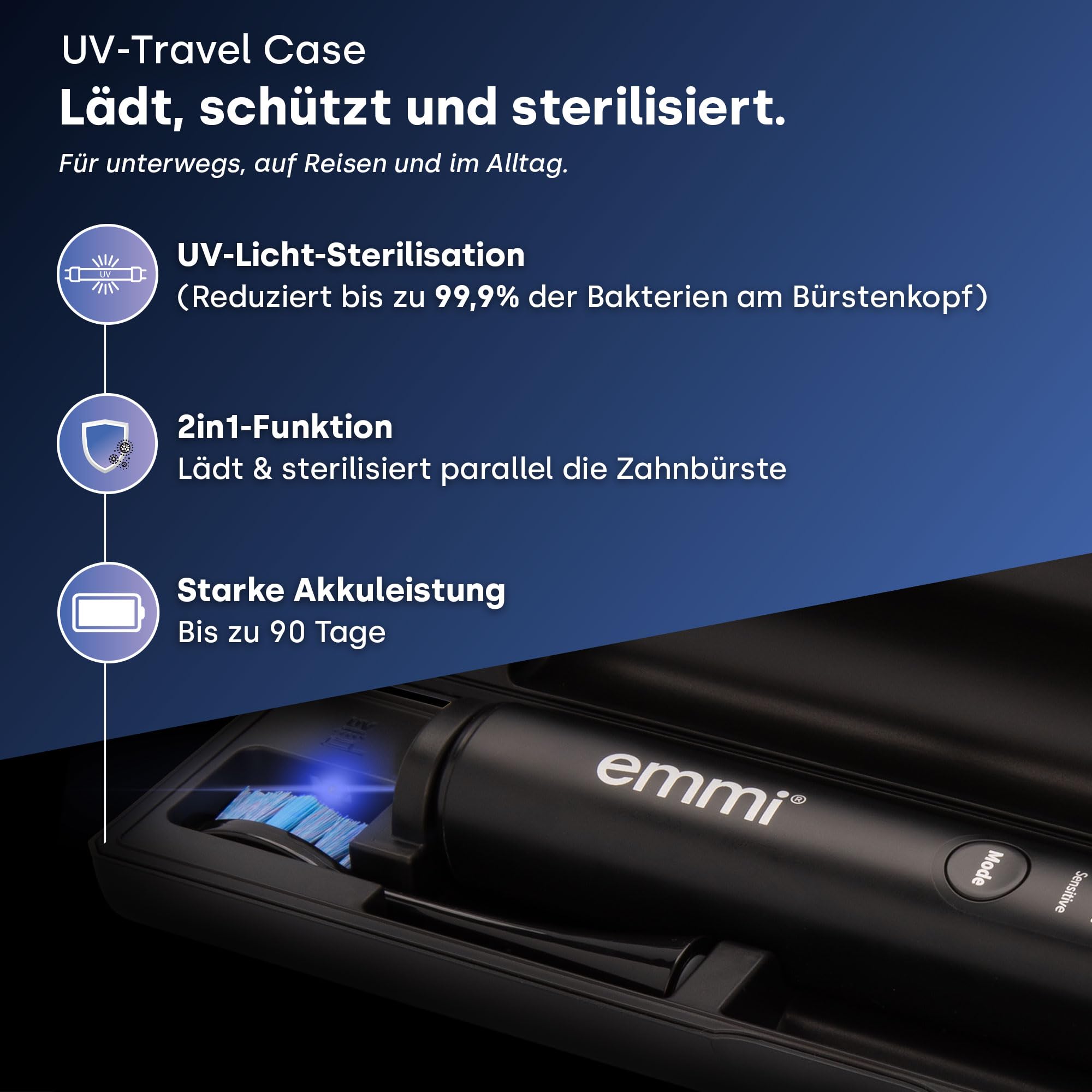 emmi Sonic Flex Schallzahnbürste – elektrische Zahnbürste mit 5 Modi & 25 Intensitätsstufen, UV-Reiseetui, kabelloses Laden & USB-C, bis zu 90 Tage Akku, inkl. 2 Aufsteckbürsten