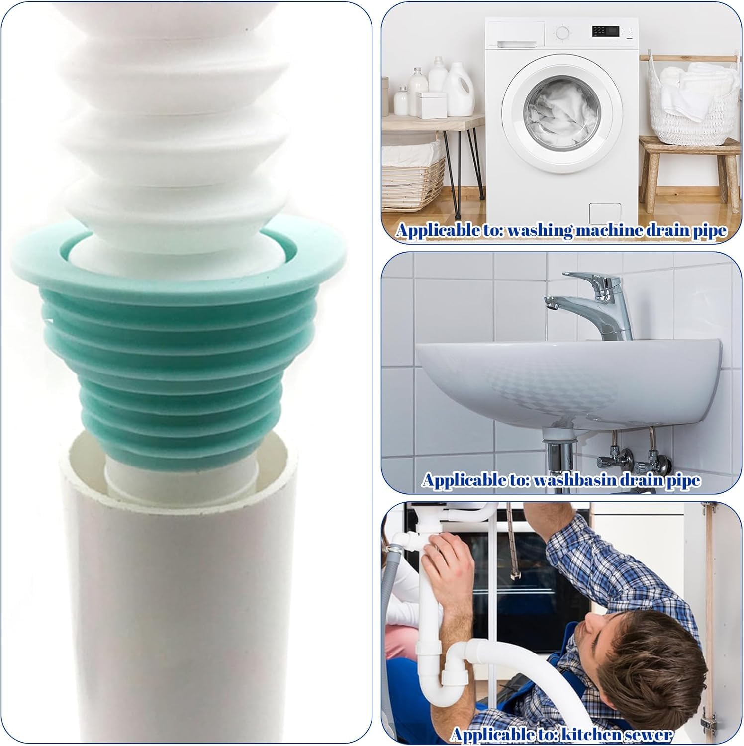 DORMICO Drain Pipe Seal Deodorant, Durable TPR Seal Hose Plug, Sealing Plug Sewer Seal Ring Pipe Connector for Bathroom Laundry Washing Machine Kitchen Cleaning Tools (Pack of 4) 3
