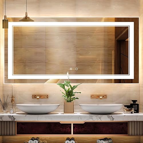 Espejo de baño LED de 72 x 32 pulgadas, espejo de baño con luces, espejo LED para baño, espejo de baño con luz LED frontal, espejo de baño con luz