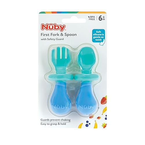 Miniatura 4 de Nuby First Tenedor y Cuchara - Utensilios con protectores de seguridad para bebés de 6 meses en adelante, verde y azul