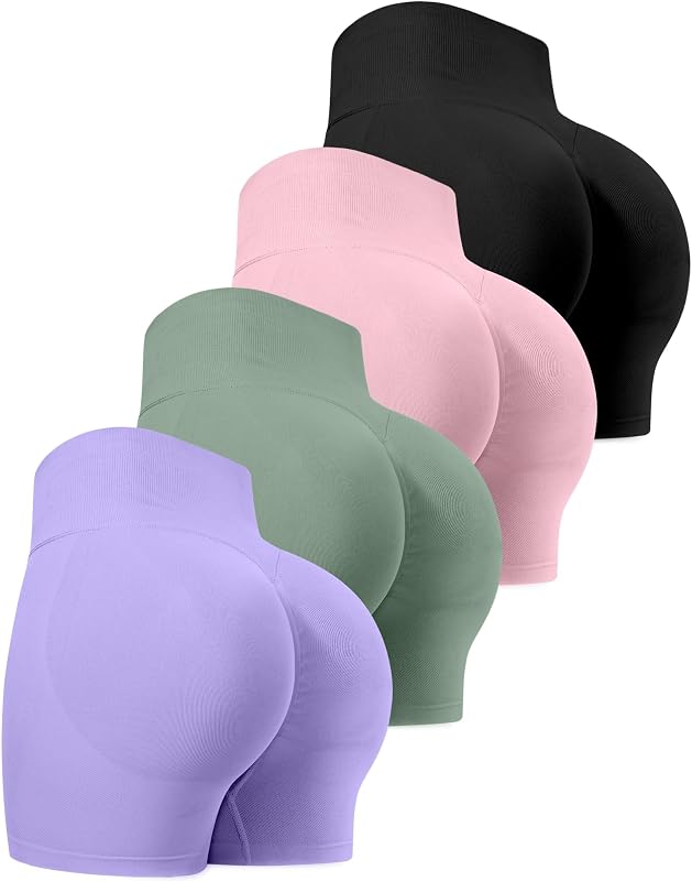 CHRLEISURE Workout Shorts for Women, High Waisted Butt Lifting Scrunch Sports Seamless Gym Shorts Set (BlackPinkLGreenLPurple,L)