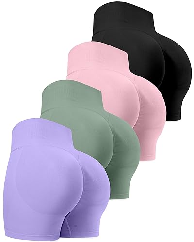CHRLEISURE Workout Gym Biker Shorts, High Waisted Butt Lifting Scrunch Butt Sports Seamless Shorts Sets 4 Piece - 4 Packs (Black, Pink, Pistachio, Light Purple) - X-Large