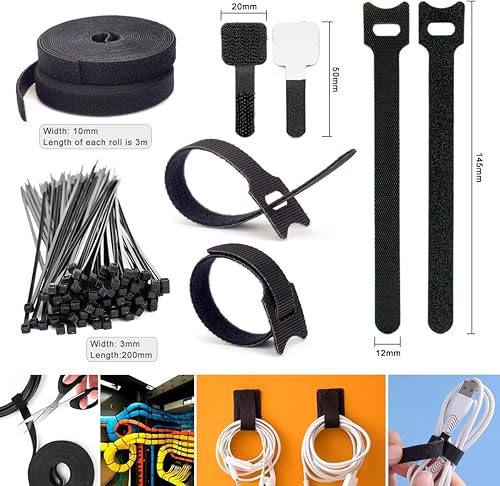 Miniatura 5 de ZIIYAN Kit de organización de cables de 163 piezas, 3 fundas organizadoras de cables, 8 soportes para cables autoadhesivos, 25 clips de cable, 20+2