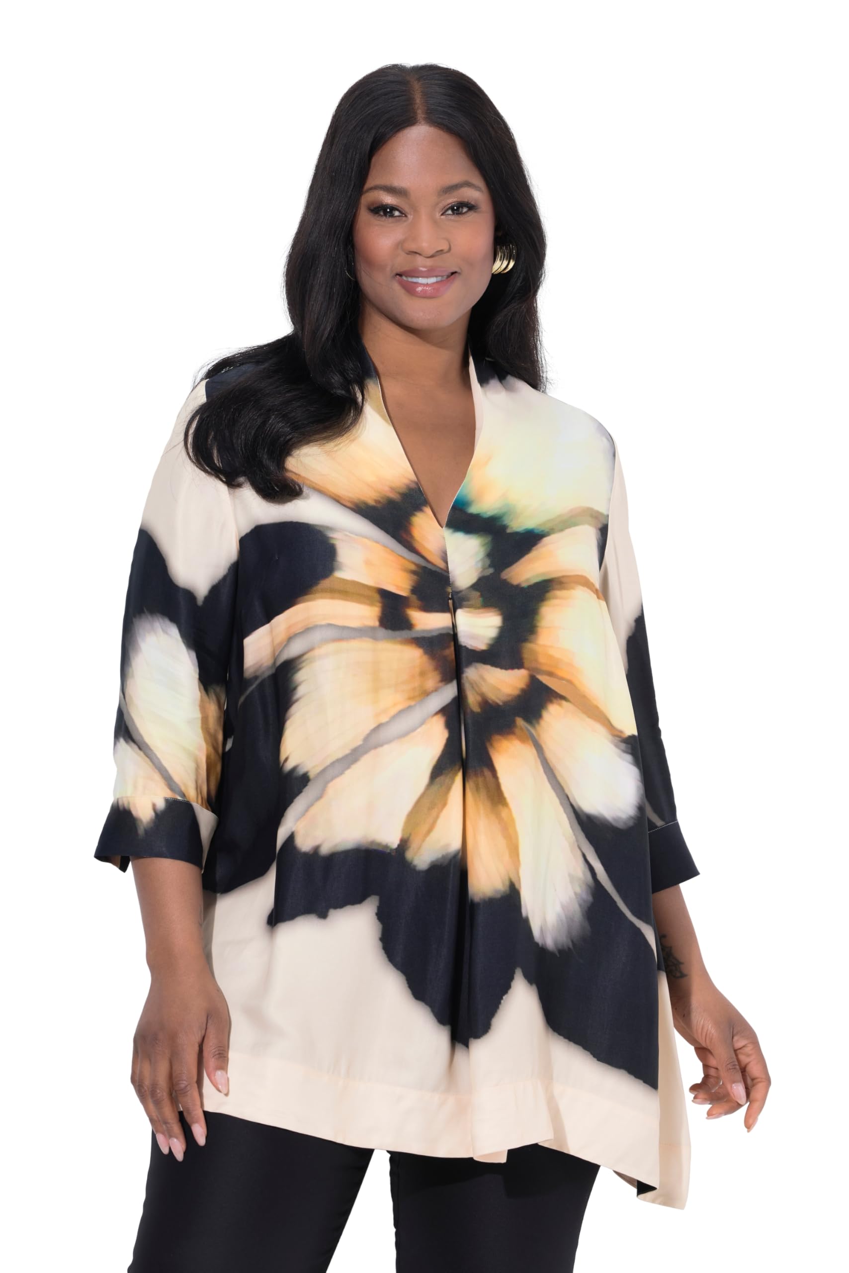 Ulla Popken Damen große Größen Übergrößen Plus Size Satintunika, Blüten, A-Linie, Kelchkragen, 3/4-Arm 844736