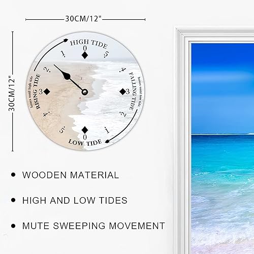 Miniatura 8 de Reloj de marea de madera, olas blancas y playa, costa este, océano Atlántico, reloj de marea de madera con marea alta y baja, reloj vintage de