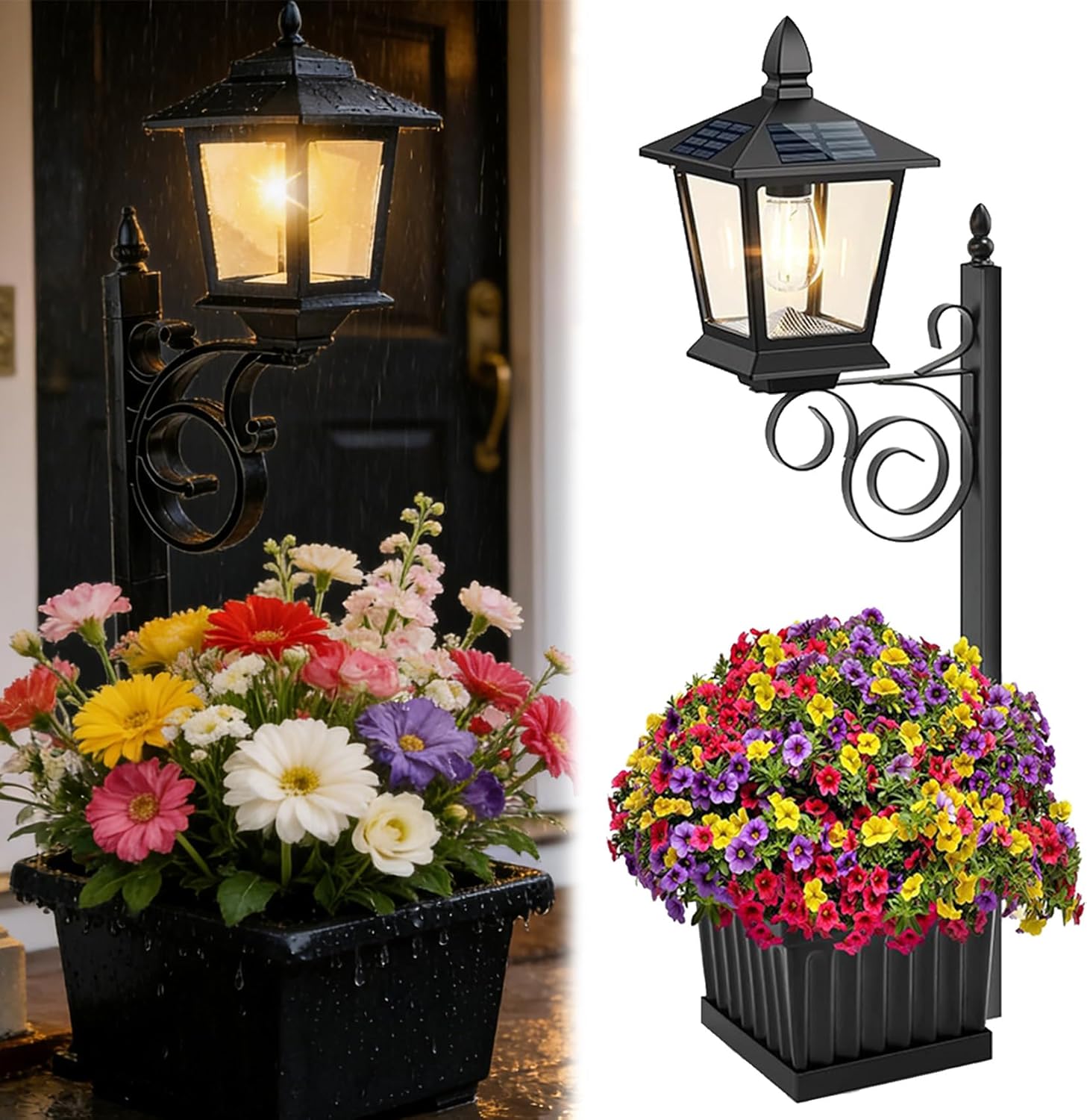Solar Lamp Post with Planter, Waterproof 2-in-1 Outdoor Solar Lamp Post Light with Planter, Outdoor Solar Lights with Crackle Glass, Matte Black Outdoor Floor for Lawn, Patio, Porch Decor (1 PC)