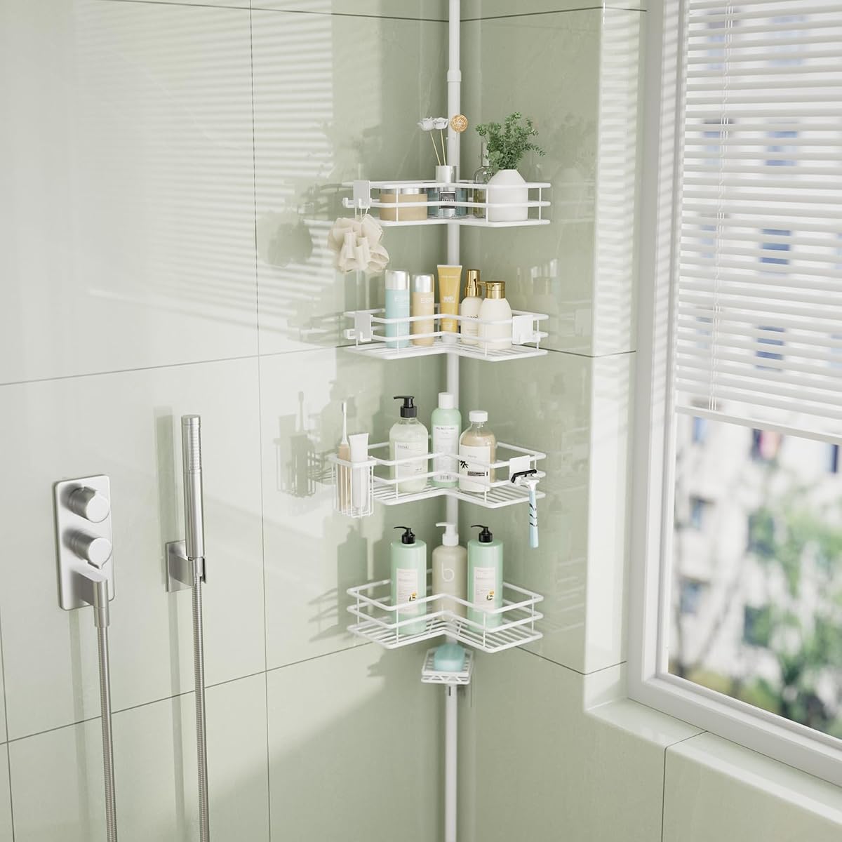 HapiRm Corner Shower Caddy Organizer - Shower Organizer Corner with Soap Holder, Toothbrush Holder and 4 Hooks, Rustproof Bathroom Shelf Tension Pole Available for 27.6 to 108.3 Inch - White