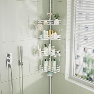 HapiRm Corner Shower Caddy Organizer - Shower Organizer Corner with Soap Holder, Toothbrush Holder and 4 Hooks, Rustproof Bathroom Shelf Tension Pole Available for 27.6 to 108.3 Inch - White