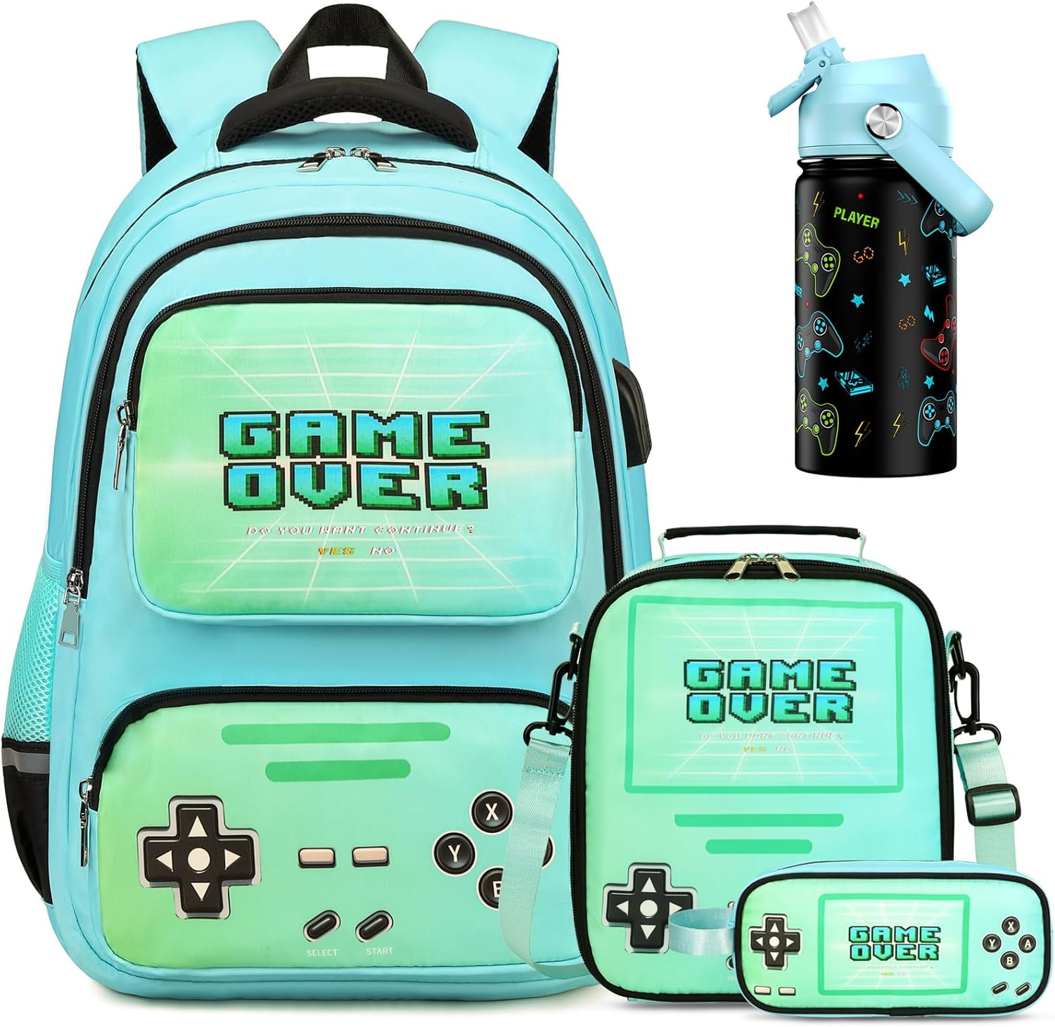 Gamer Luminous Boys Backpack with Lunch Bag Pencil Case, 14oz Insulated Bottle, BPA-FREE Double Tumbler 18/8 Stainless Steel Leak Proof Cups with Metal Straw for School Boy (Green)