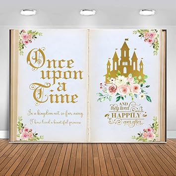 Once Upon a Time Backdrop Princess Birthday Decorations,Pink Floral Book Castle Photography Background for Princess Fairytale Wedding Girls Bday Party Cake Table Banner Photo Booth Props 7x5ft