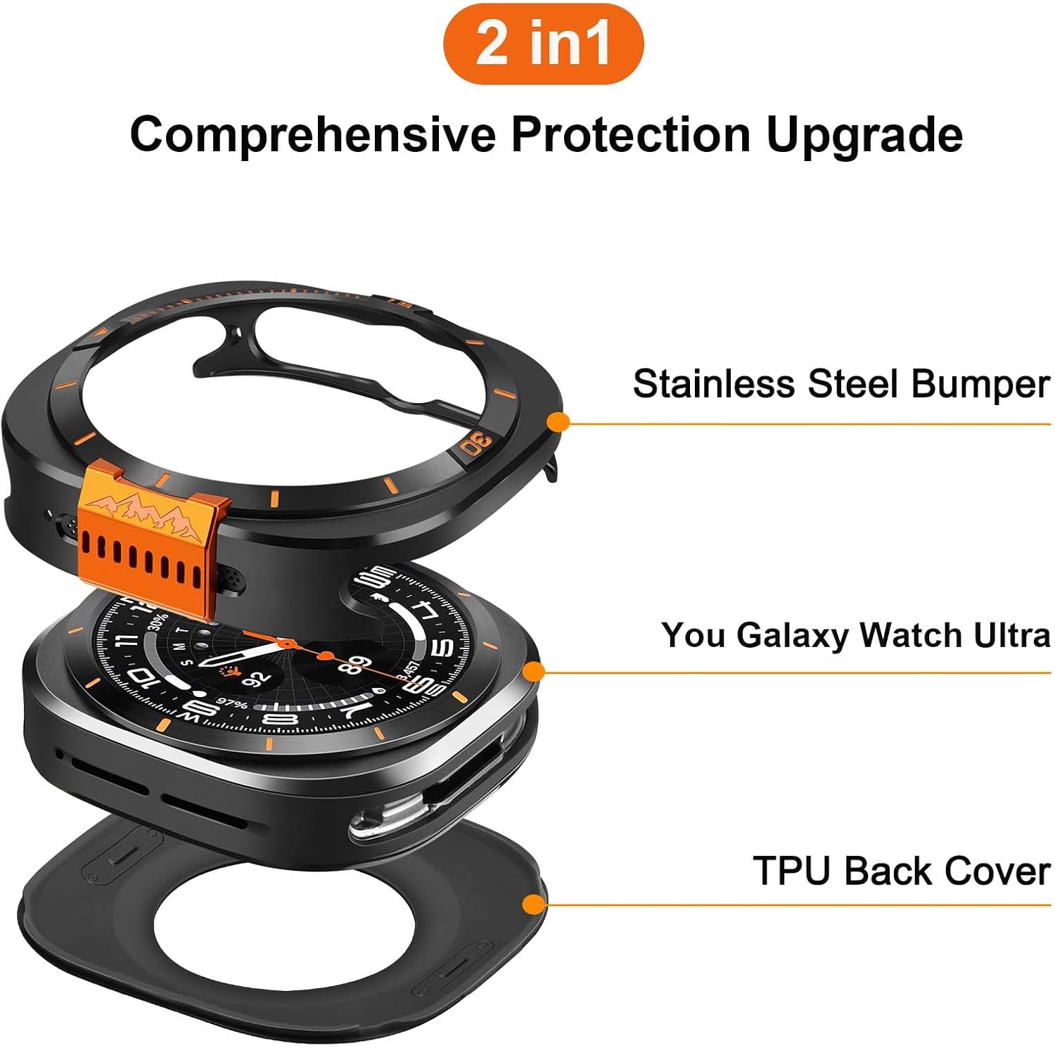 Metal Cover Compatible with Samsung Galaxy Watch Ultra Case 2025/2024, 2 in 1 Protective Rugged Bumper with Back Frame for Galaxy Watch 47mm (Black/Orange)