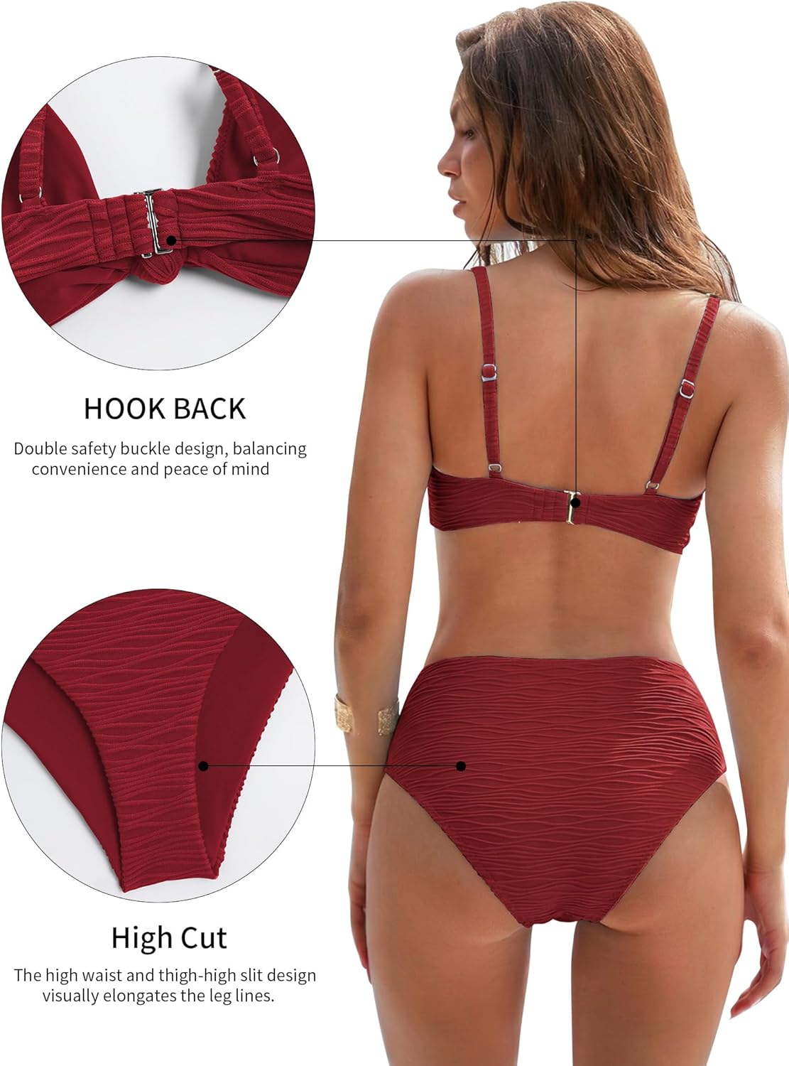 ZAFUL Bikini Set for Women V Neck Knot Front Push Up Bathing Suit High Cut Two Piece Swimsuit Brazilian Cheeky Swimwear - Image 5