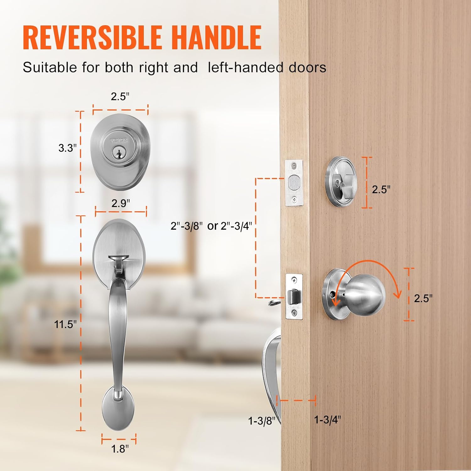 VEVOR Front Door Handle and Deadbolt Set, Satin Nickel Front Door Lock Set with Interior Knob, Adjustable Hole Spacing Single Cylinder Handleset, for Right and Left Handed Entrance and Front Door