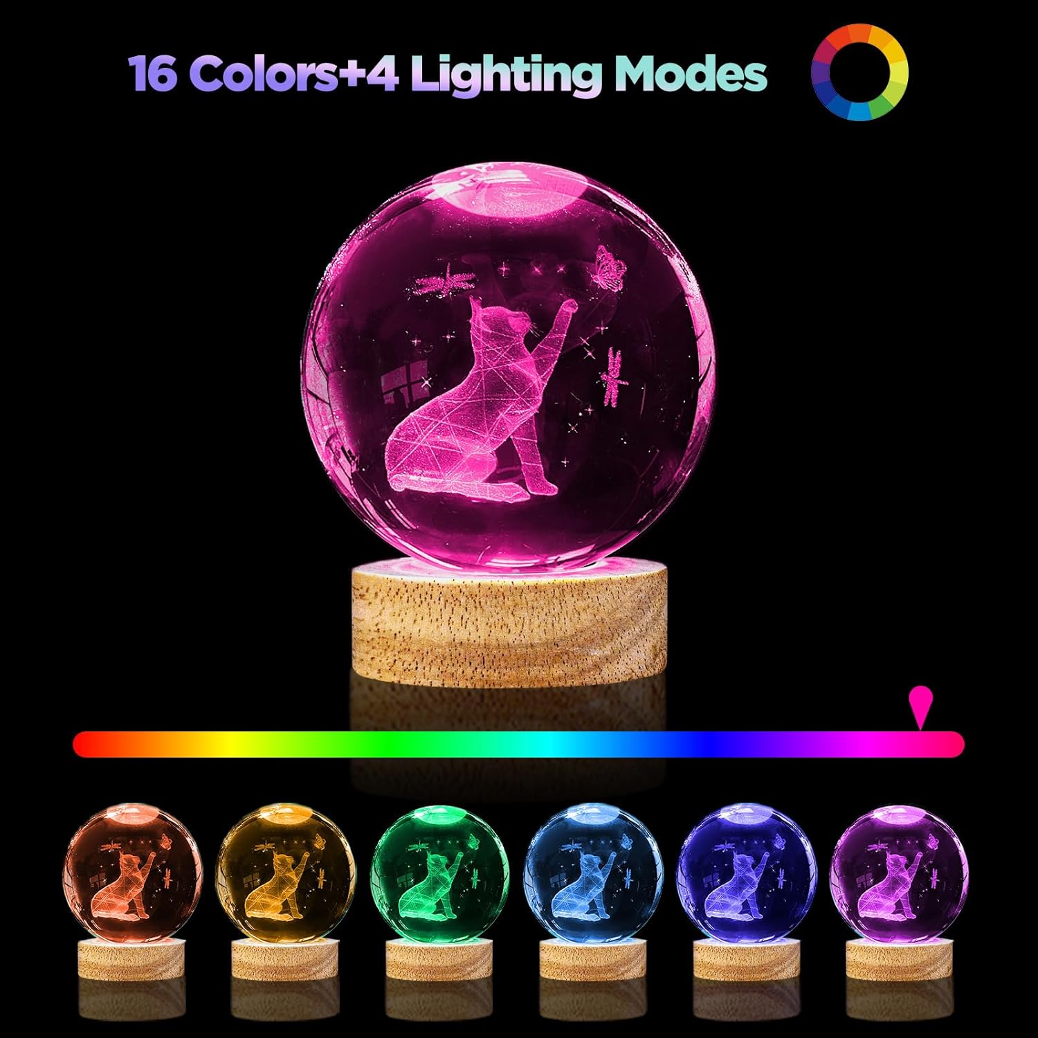 3D Crystal Cat Ball Night Light 3.15in K9 Lamp With 16 Colors Change Wooden Base and Remote Control Christmas Gifts for Cat Lovers Girl Women Friends - Image 2