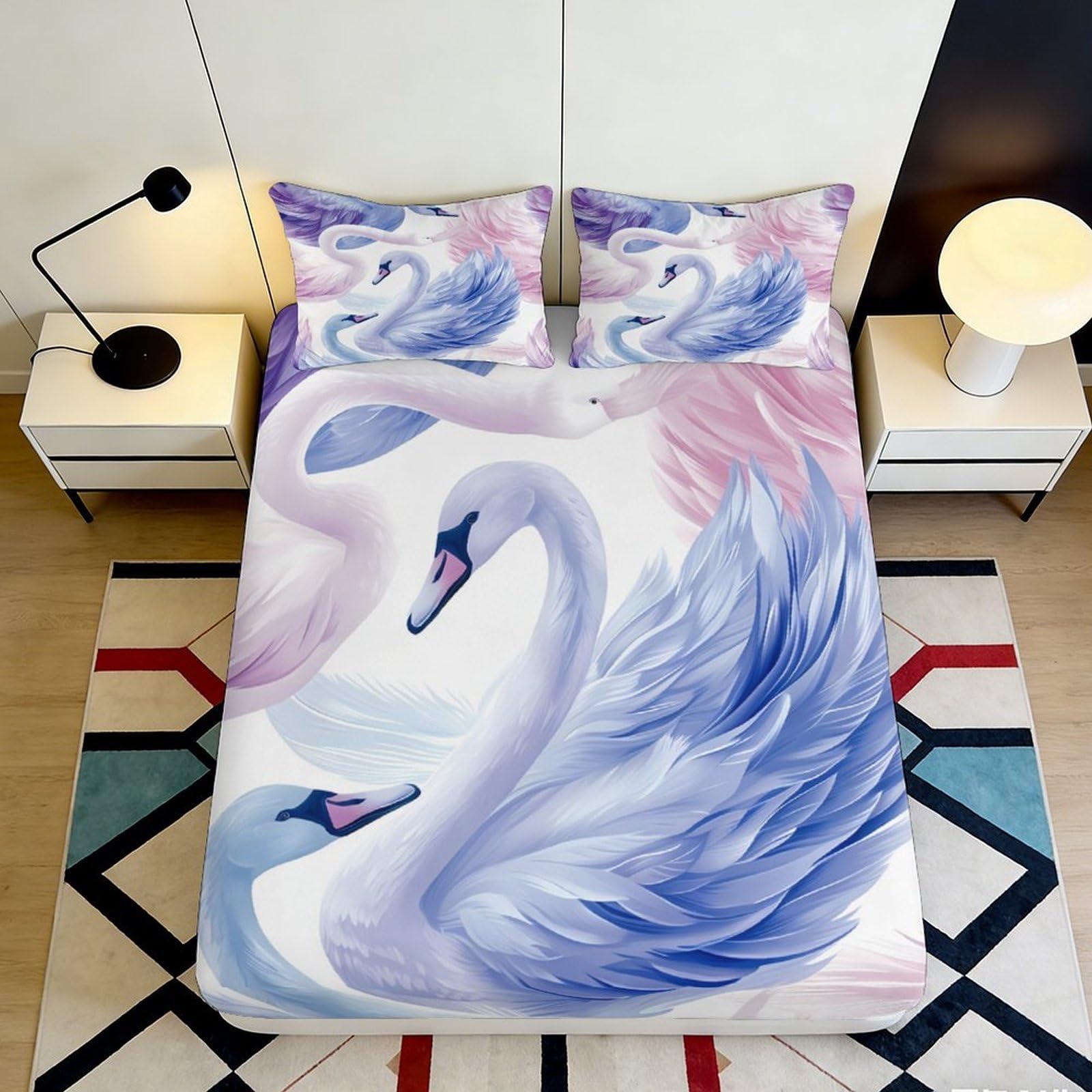 Pnayamiorkfel Style-8 3D Printed Elegant Swan Fitted Sheet Microfiber Soft Touch Pastel Feather Mattress Cover For Bedroom Dorm Easy Care 90X200x25cm