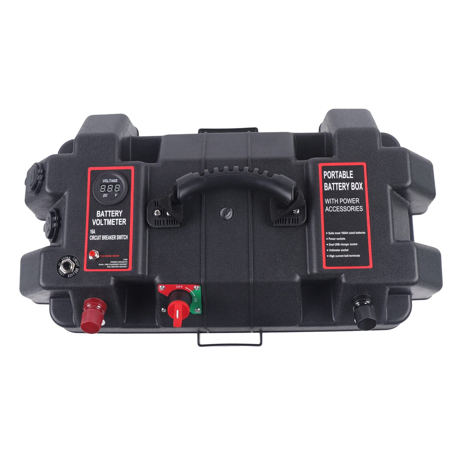 Caja de batería multifunción con dos puertos USB y control de voltaje en tiempo real para barco, caravana y camping, 1,1 kg, color negro