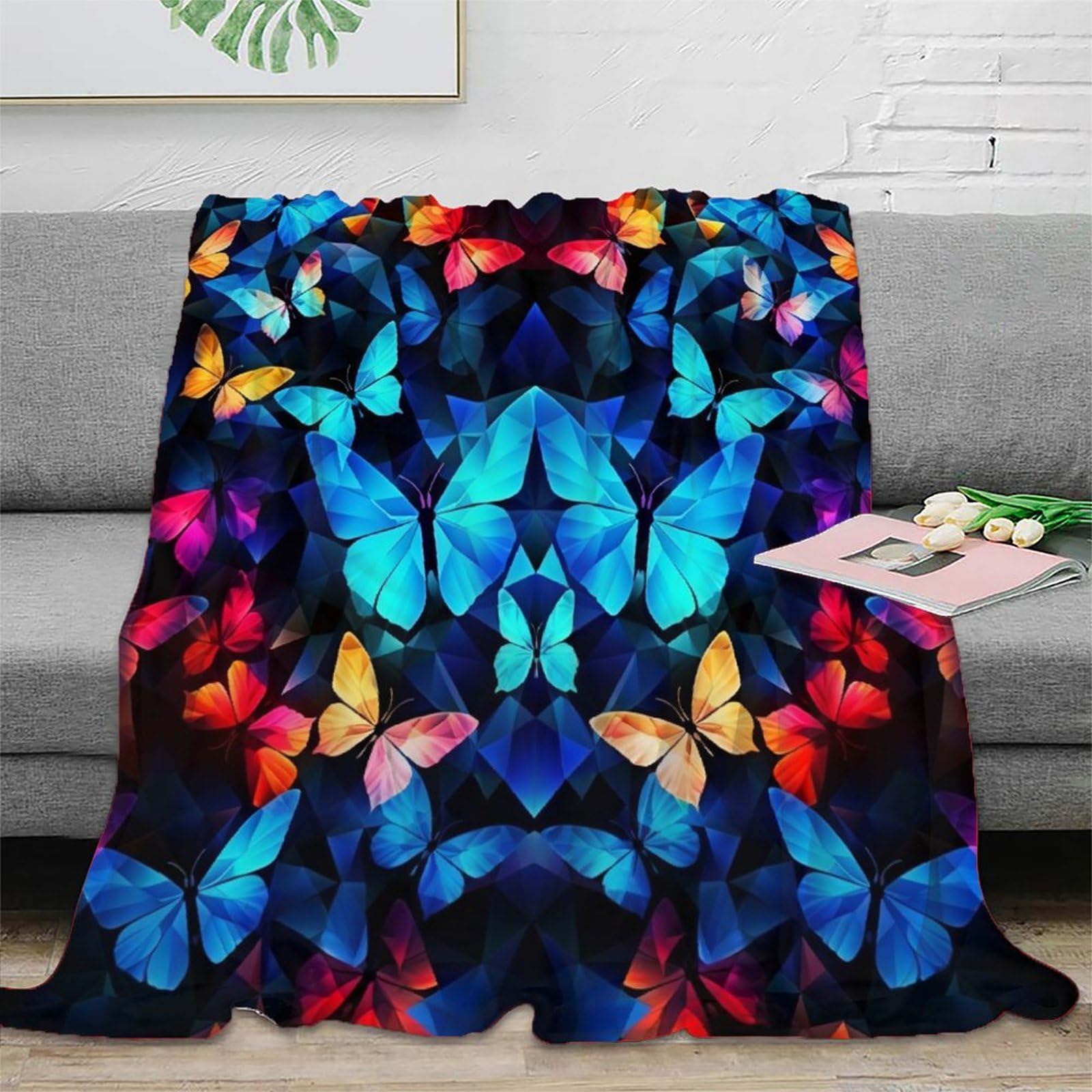 Farfalla blu neon Coperta in Flanella 3D Stampa Peluche Coperte Caldo Morbida Per Ragazzi Adulti Coperta Decorata ，per Divano Letto Tutte Le Stagioni 70x80inch(180x200cm)