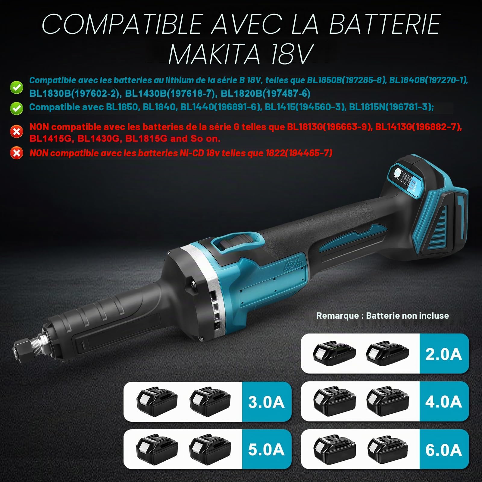 Meuleuse droite sans fil compatible avec batterie Makita 18 V, meuleuse droite sans brosse, mandrin de 6 mm et 4 vitesses variables (sans batterie)