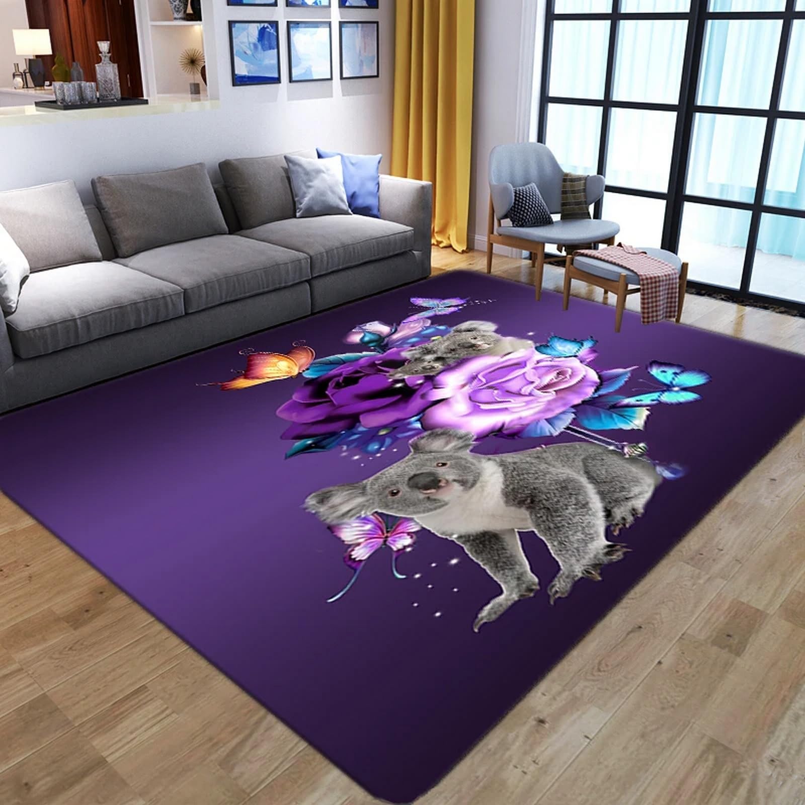 Tapis de salon lavable koala et fleurs - Tapis de chambre rectangulaire antidérapant doux