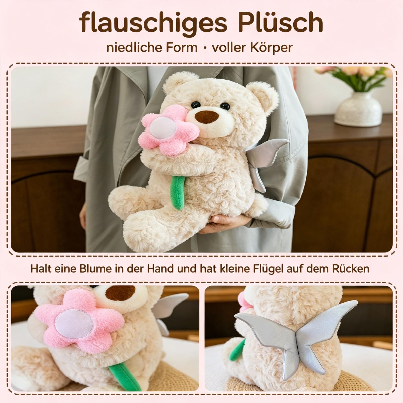 Teddybär Kuscheltier, Plüschbär mit Blumen und Engelsflügeln, Teddy Bear Plüschtier, Geschenke für Freundin Kinder Geburtstag, Valentinstag (Beige,60cm)