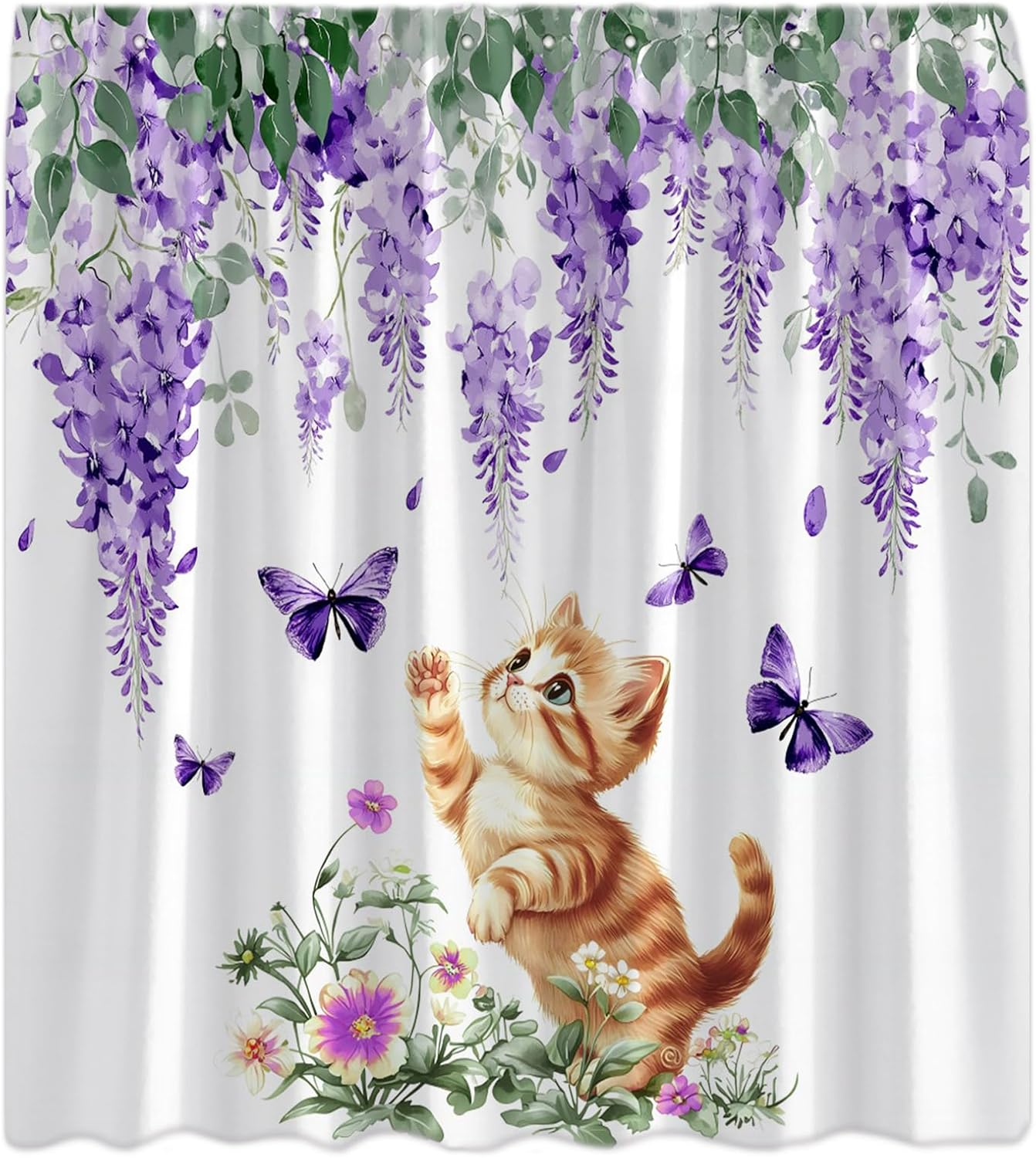 Purple Wisteria Floral Butterfly Shower Curtain Cute Cat Floral Sage Green Leaves Lavender Weeping Flower Blossom Vine Spring Watercolor Plant Bath Curtains with Hook,70x83.8 Inch