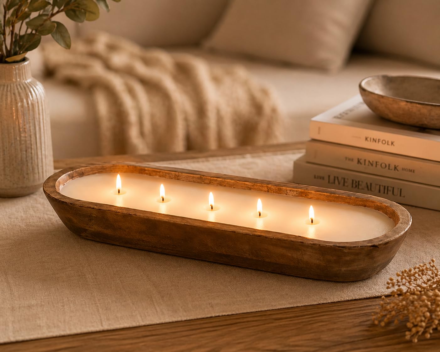 Candela profumata allungata in ciotola di legno, lussuosa candela di soia con 5 stoppini, effetto scoppiettante, grande candela d'atmosfera, decorazione rustica per la casa e idea regalo
