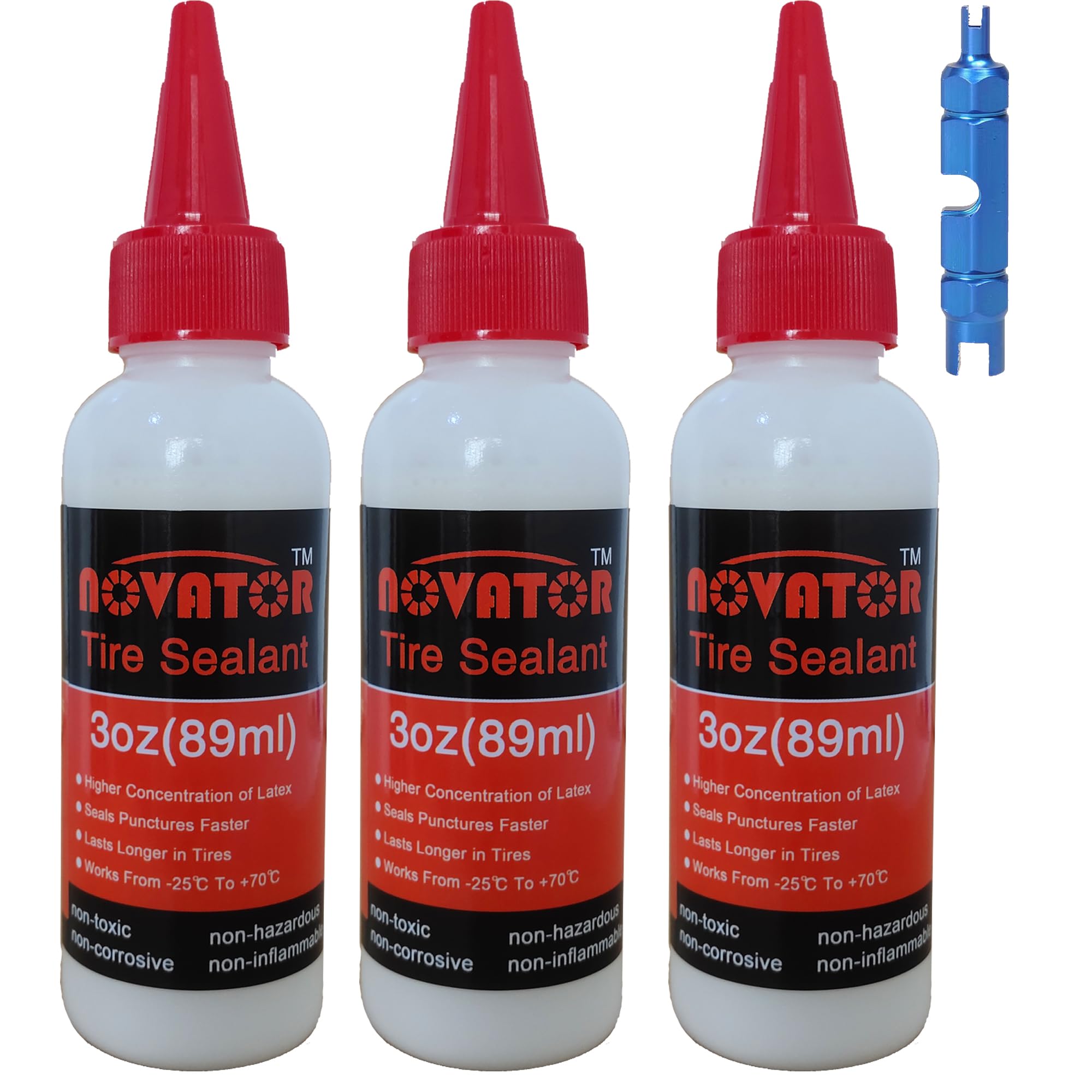 NOVATOR High Performance Bike Tire Sealant for Tubeless, Tubulars, Seals Faster, Lasts Longer, Micro-Fiber for MTB, Road, Gravel, CX Bicycle Tires (3oz.sealant * 3 Bottle+Valve Tool)