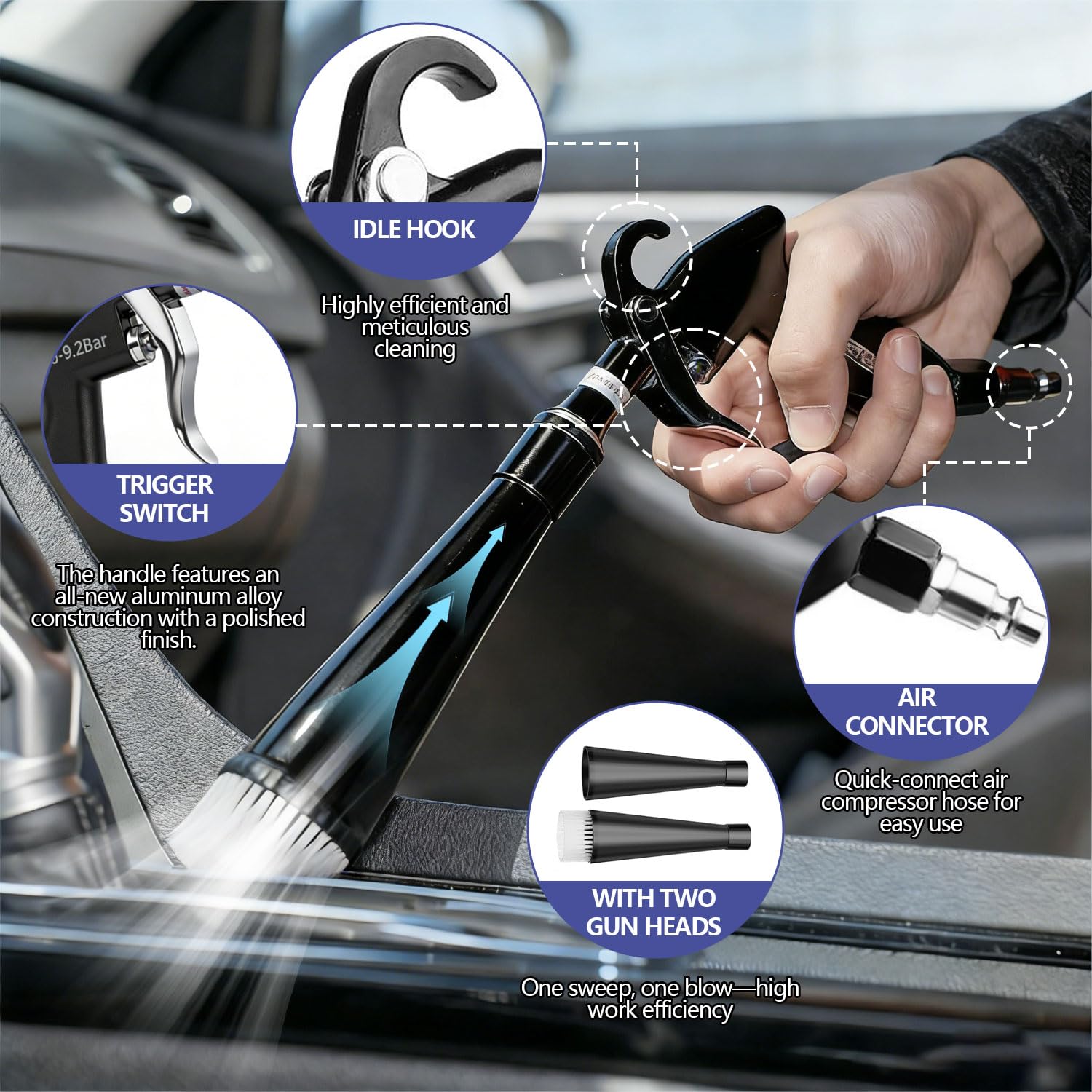 Pistola Aire Comprimido Alta Presión Limpieza Pistola de Aire Comprimido | Pistola de Limpieza de Aire Comprimido en Seco, 2 Boquillas, Soplado Seco con Efecto Torbellino, Cuidado Interior Coche