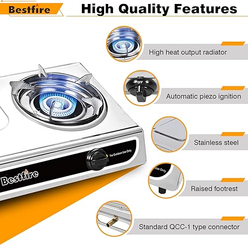 Miniatura 5 de BESTFIRE Estufa de gas propano de 2 quemadores con estufa de propano de encendido automático, estufa de campamento de 23,000 BTU para cocina al aire