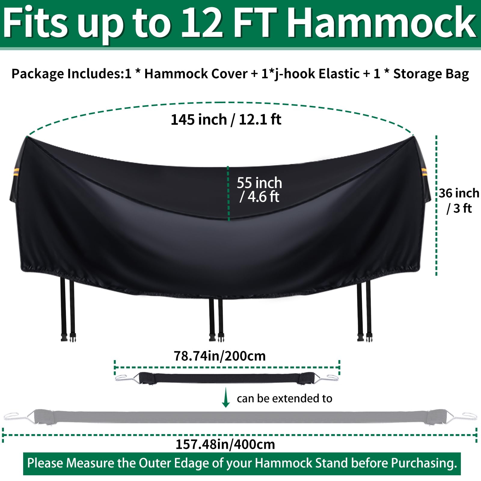 Housse de hamac imperméable et durable 420D pour support de hamac de 3,7 m, coupe-vent, 3 boucles et 1 cordon élastique, aération aérée, poignée réfléchissante, protection contre les intempéries