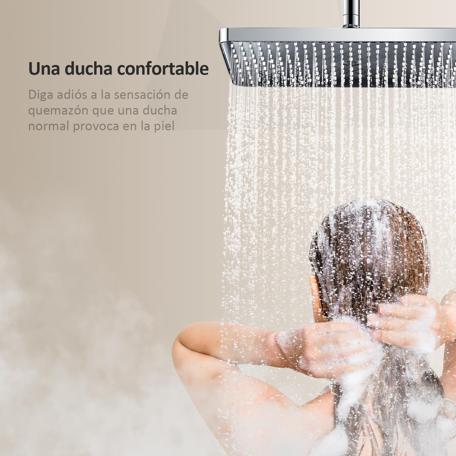 EMKE Columna de Ducha Termostática con Ducha de Lluvia y Ducha Manual, 1142x303x460mm, Cromado, set de ducha con estante de vidrio,Altura Adjustable 812-1142mm,Función 3 en 1