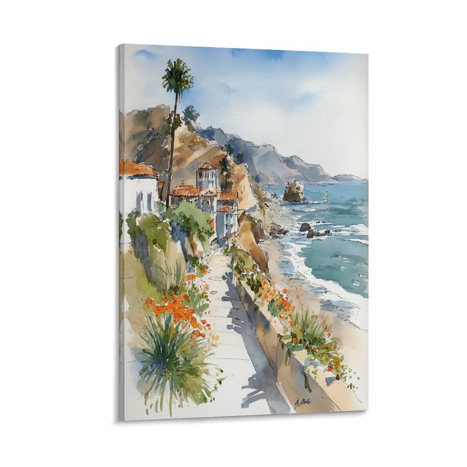 XWYMXZ La Jolla Coast Watercolor Painting San Diego Poster Tree 24x36inch(60x90cm) Vintage Watercolor Canvas Art