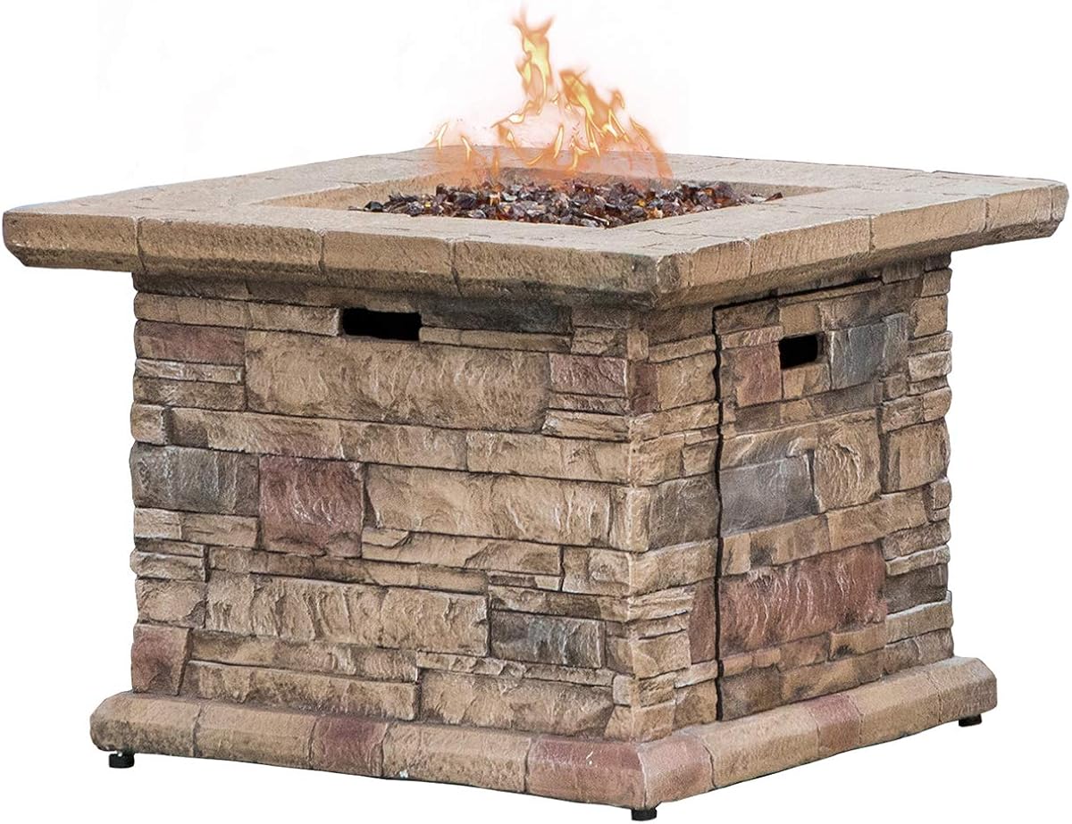 COSIEST Outdoor Propane Fire Pit Table w Faux Brown Ledgestone 32-inch Square Fire Table, Certified, 50,000 BTU Stainless Steel Burner, Free Lava Rocks, Fits 20lb Tank Inside