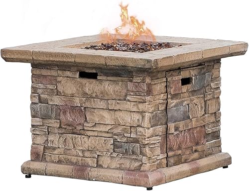 COSIEST Mesa para fogata de propano para exteriores con piedra ledgestone marrón sintética de 32 pulgadas, certificado CSA, quemador de acero