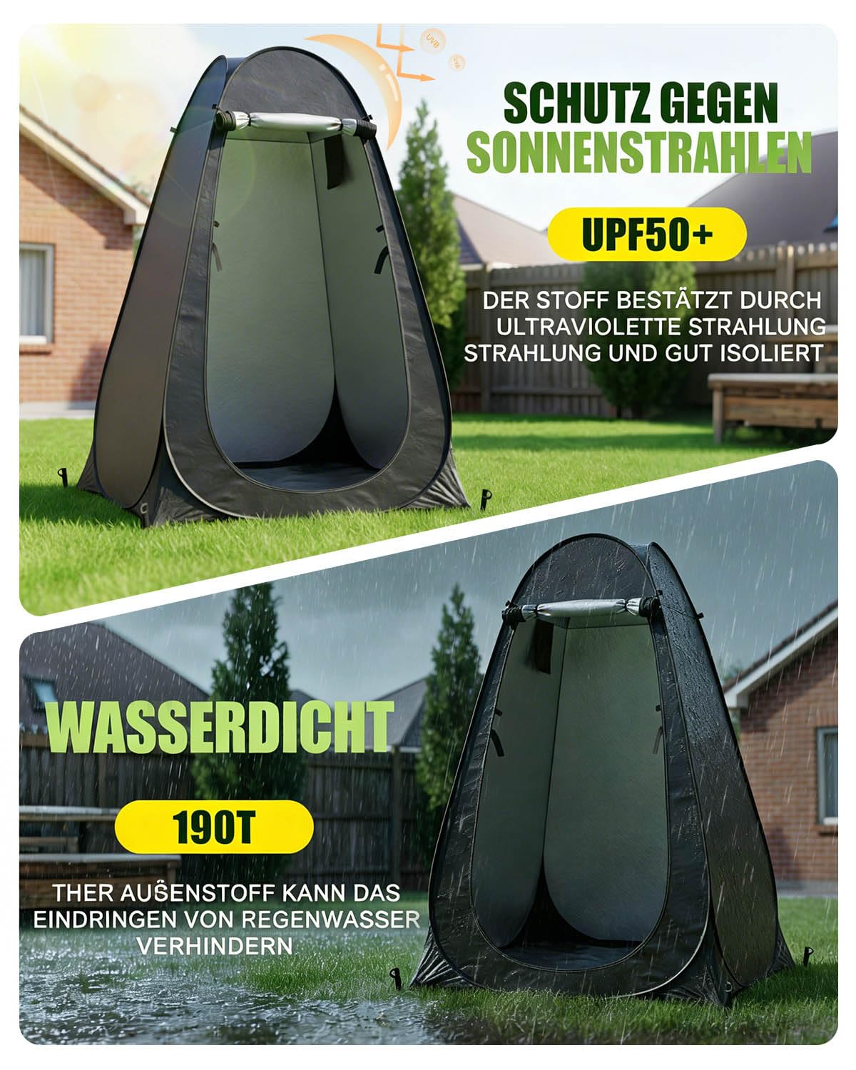 Duschzelt Camping Toilettenzelt, Pop Up Umkleidezelt mit Tasche & Zubehör, Wasserfest UV-Schutz Umkleidekabine WC Zelt, Strandumkleidezelt für Outdoor, Strand, Wandern, 120 x 120 x 190 cm Schwarz