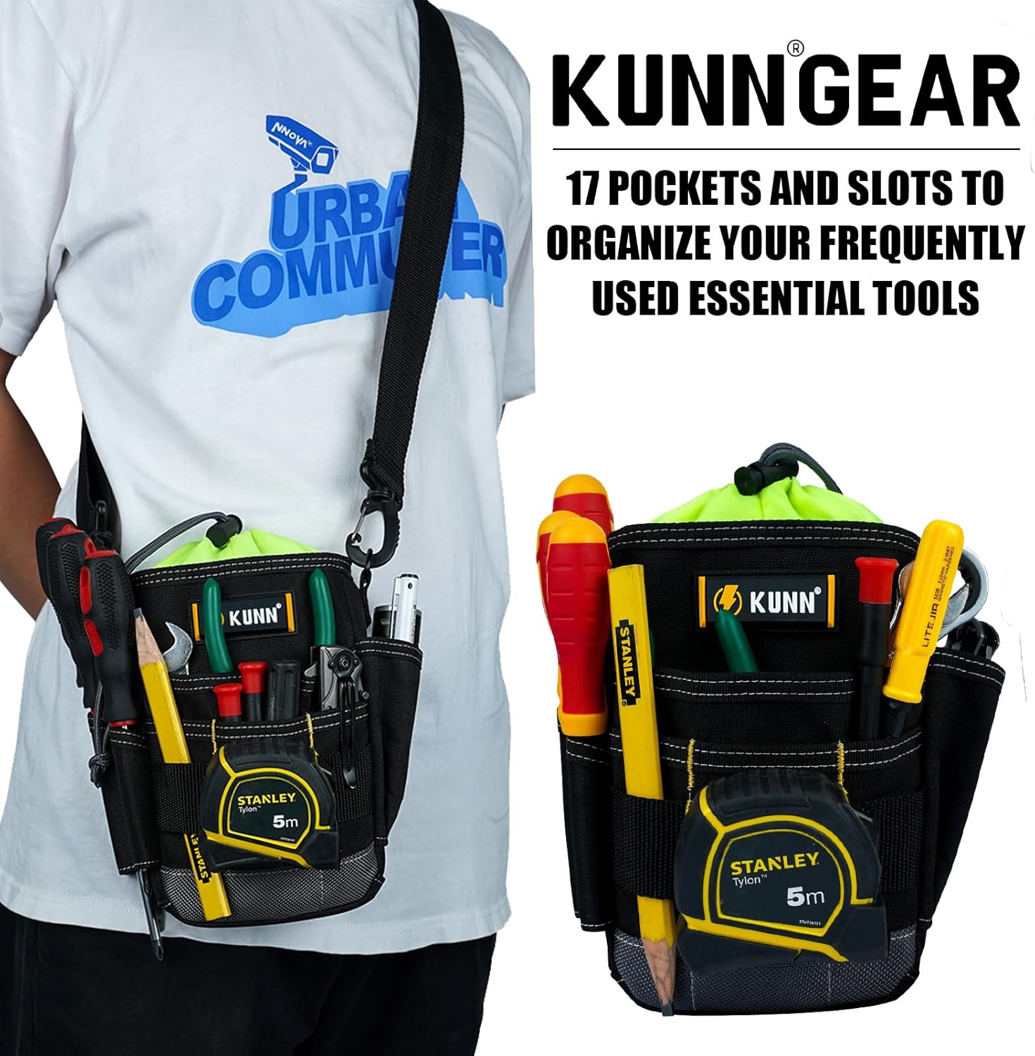 KUNN Electrician Tool Pouch, Drawstring Closure Tool Belt Pouches with Belt Clip for Carpenter, Construction, HVAC