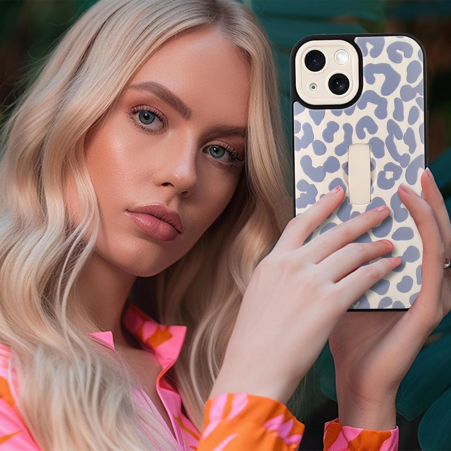 Compatible with iPhone 14 Case with Finger Hand Strap Kickstand, Trendy Cool Leopard Cheetah Print Phone Case for Women Men, Full Camera Protection Shockproof Protective Cover, White - Image 6