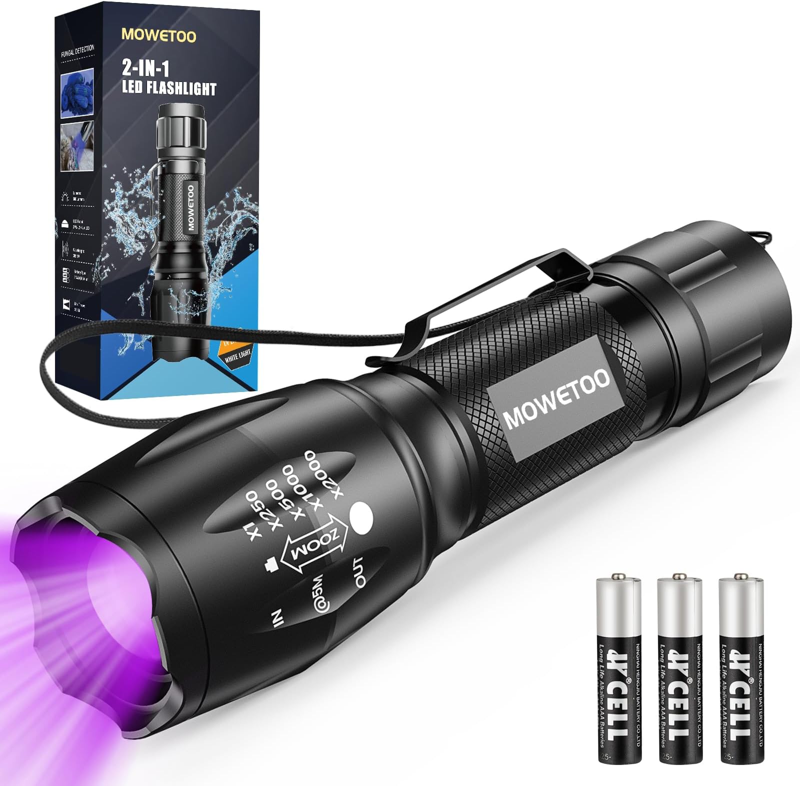 MOWETOO UV Torch LED Torch 2 in 1 Black Light with 4 Modes Waterproof 395nm UV Light Super Bright 500lm for Inspection Pet Urine Detecting Camping Including Accessories 3 AAA Batteries, LE-8613d