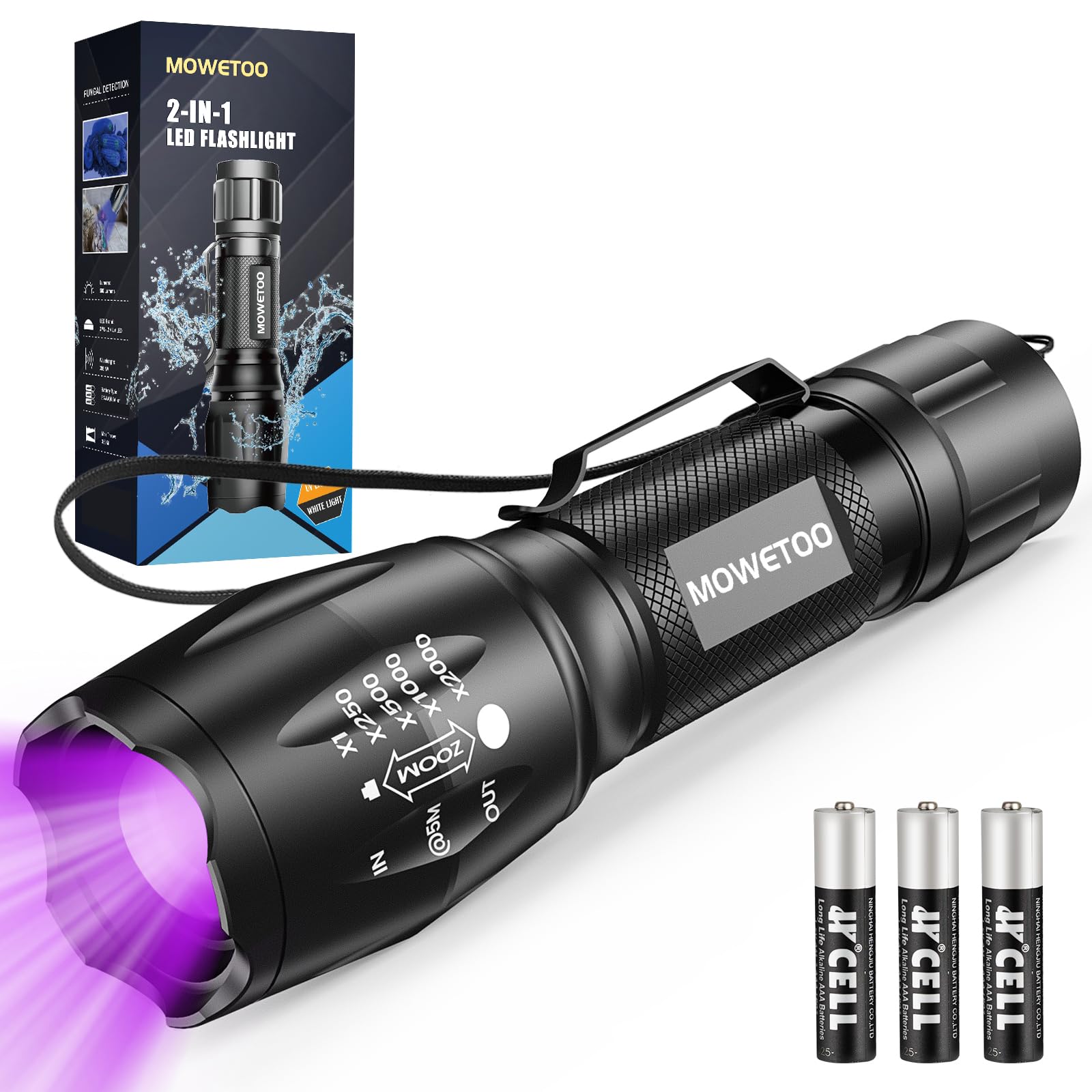 MOWETOO UV Flashlight with 395nm Black Light & White Light