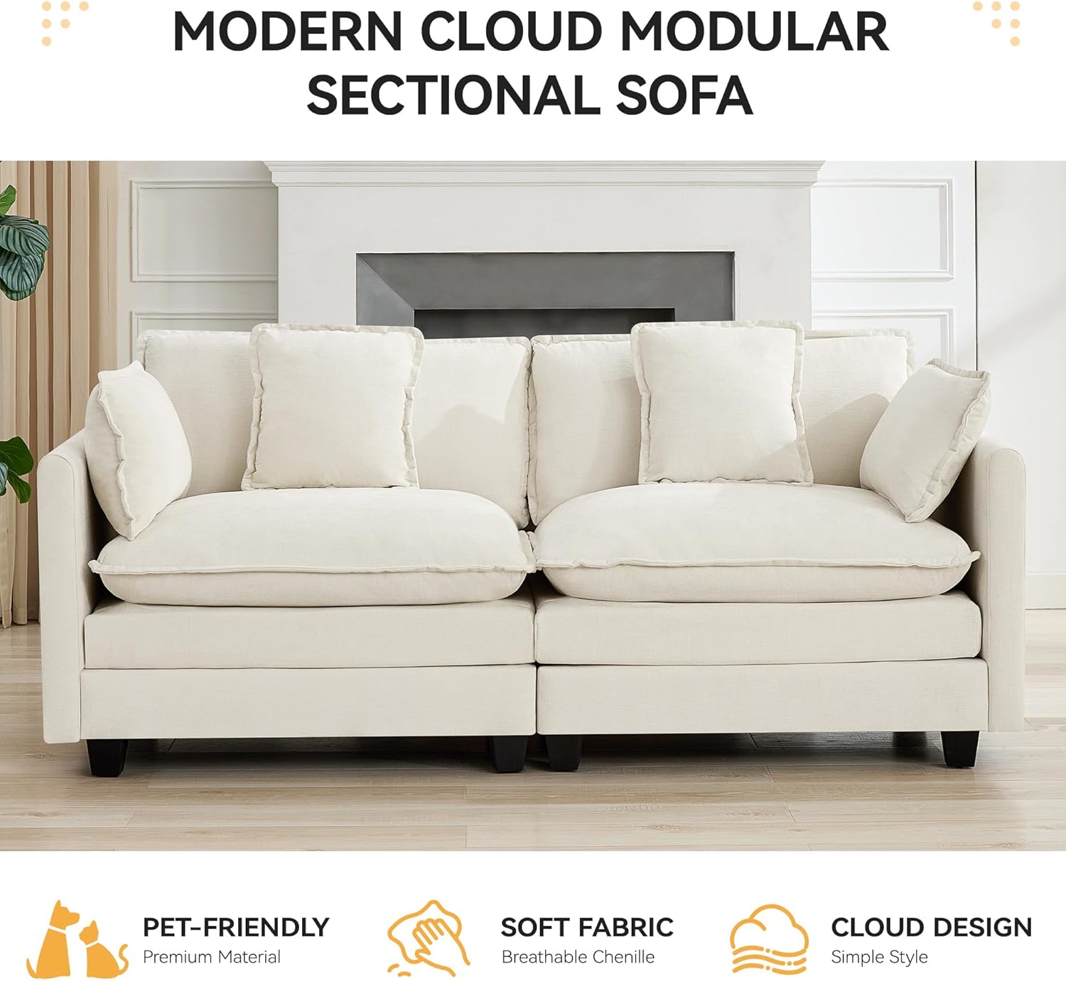 76'' Cloud Deep Seat Loveseat, Upholstered Chenille Modular 2-Seats Sectional Sofa Couch, Modern Comfy Settee Loveseat for Living Room Set, Small Apartment, Beige