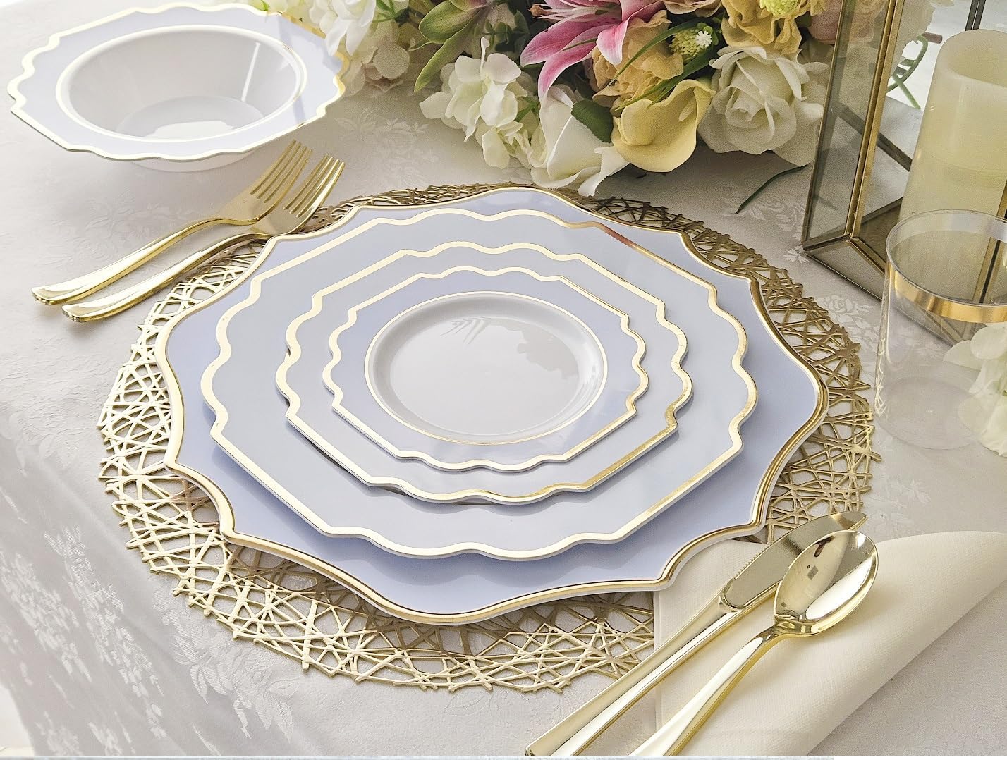 " OCCASIONS " 50 Plates Pack (25 Guests)-Heavyweight Wedding Party Disposable Plastic Plate Set -(25x10.5'' Dinner + 25x8'' Salad/dessert (Imperial in White/Blue & Gold) - Image 6