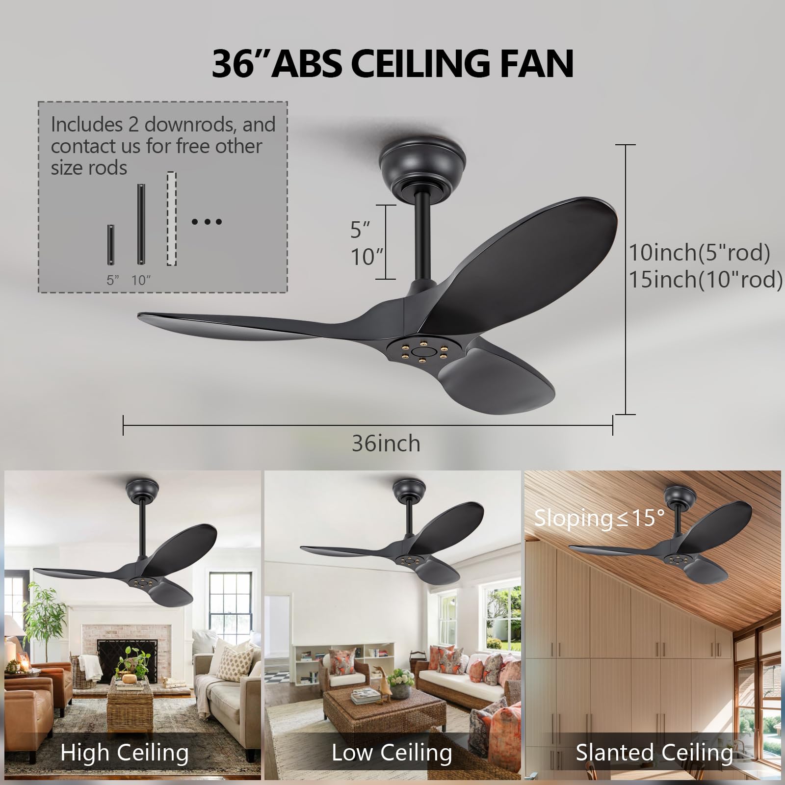 Black Friday Deals 2025 SKEVEN 52\" Ceiling Fan With Remote Control No Light, 6 Speeds Reversible DC Motor Indoor Outdoor 5 Blades Modern Ceiling Fan(Black