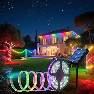 RGBIC Bluetooth Solar LED Streifen Außen, 5m SMD 5050 LED Leuchten Solarbetriebener Regenbogenlichter Farbwechsel LED strip, IP67 Wasserdichte Dekorative Lichterkette für Yard Trees Garden