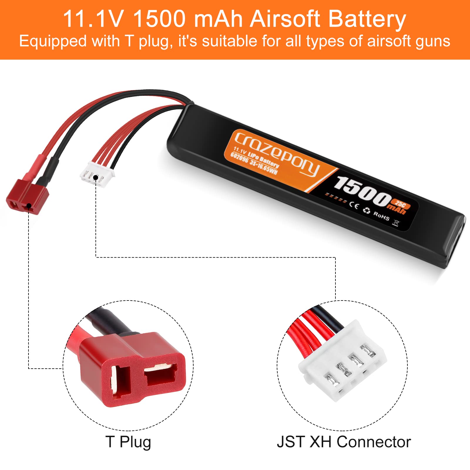 Crazepony Airsoft Battery 11.1V Rechargeable 3S LiPo 1500mAh 25C Hobby Battery with T-Plug & JST XH Connector for Airsoft Model Rifle