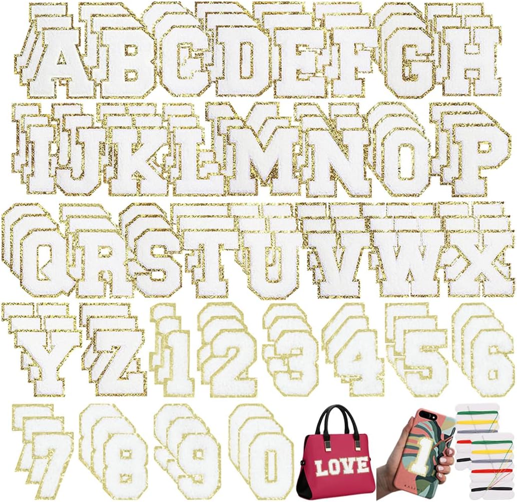 108 Pcs Self Adhesive Chenille Letter and Number 3D Embroidered Patches,Iron on Sew on Letters Alphabet A-Z, Number 0-9 Chenille Fabric Stickers for Clothing, Hats, Shoes, Bags,Jeans,Coats-White