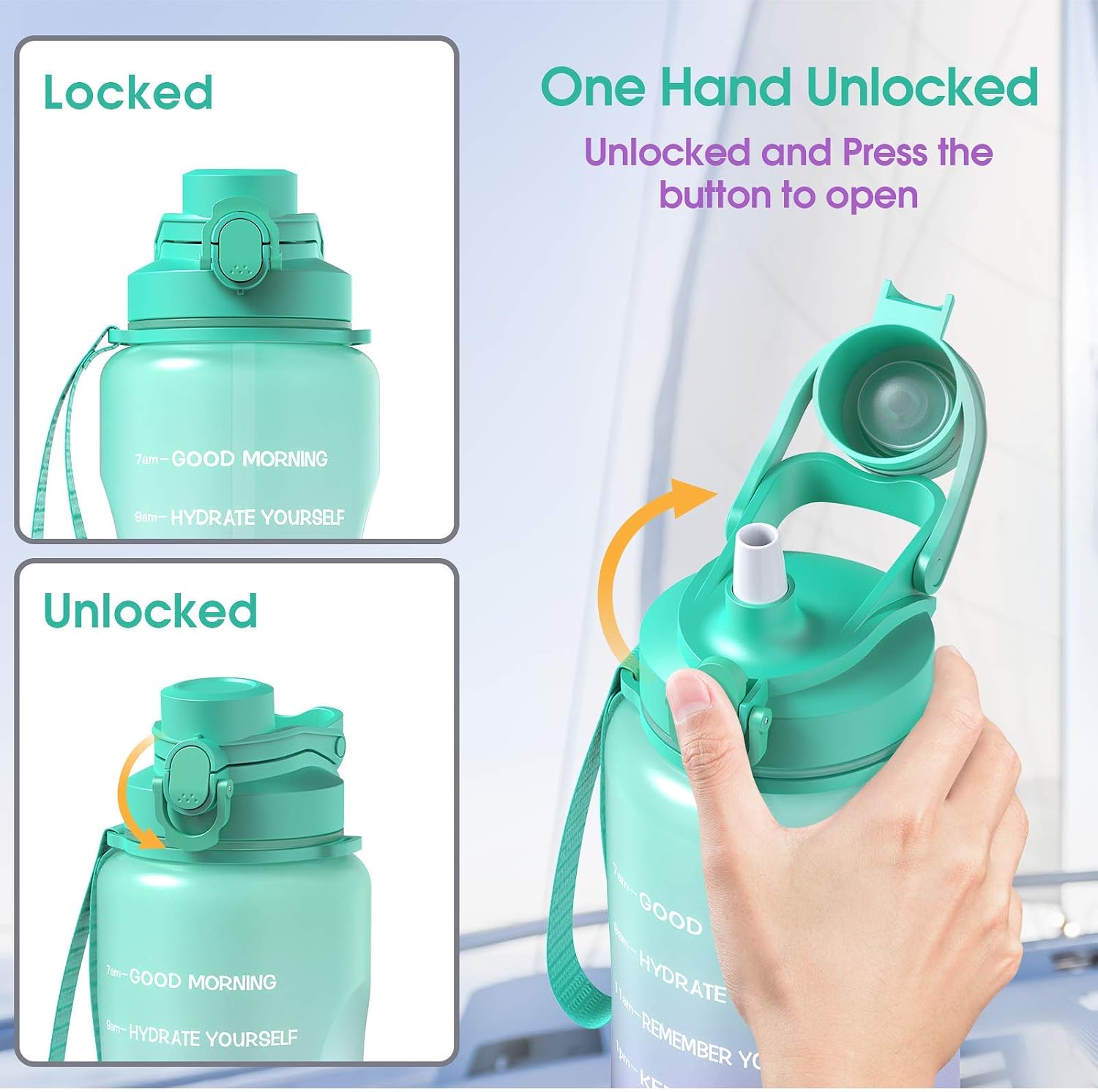 Y&3 64oz Half Gallon Water Bottle with Straw & Time Marker, Motivational Water Bottle with Handle, Leakproof, Tritan BPA Free Water Jug, for Fitness, Gym, Outdoor(Green/Purple Gradient, 64oz)