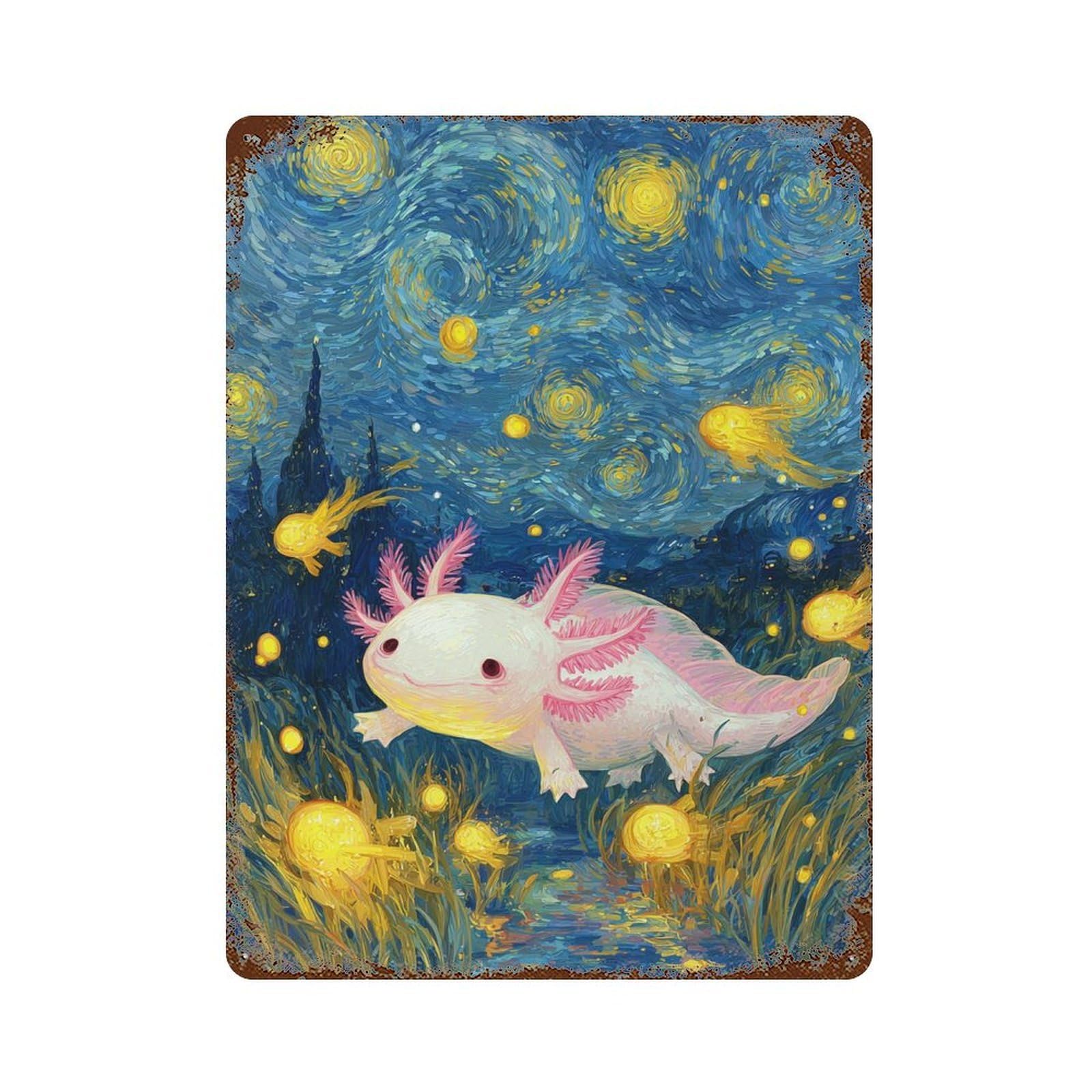 Rust Effect Starry Night Axolotl Adventure Decorative Tin Sign 15.7"x11.8", Classic Wall Plaque for Pub, Kitchen And Man Cave Decor